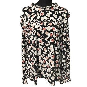 Karl Lagerfeld Paris Rose Petal Ruffle Blouse Large Black Floral Long Sleeve Top